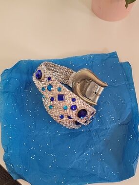 Woven Silver-Tone Belt with Blue Gem Accents